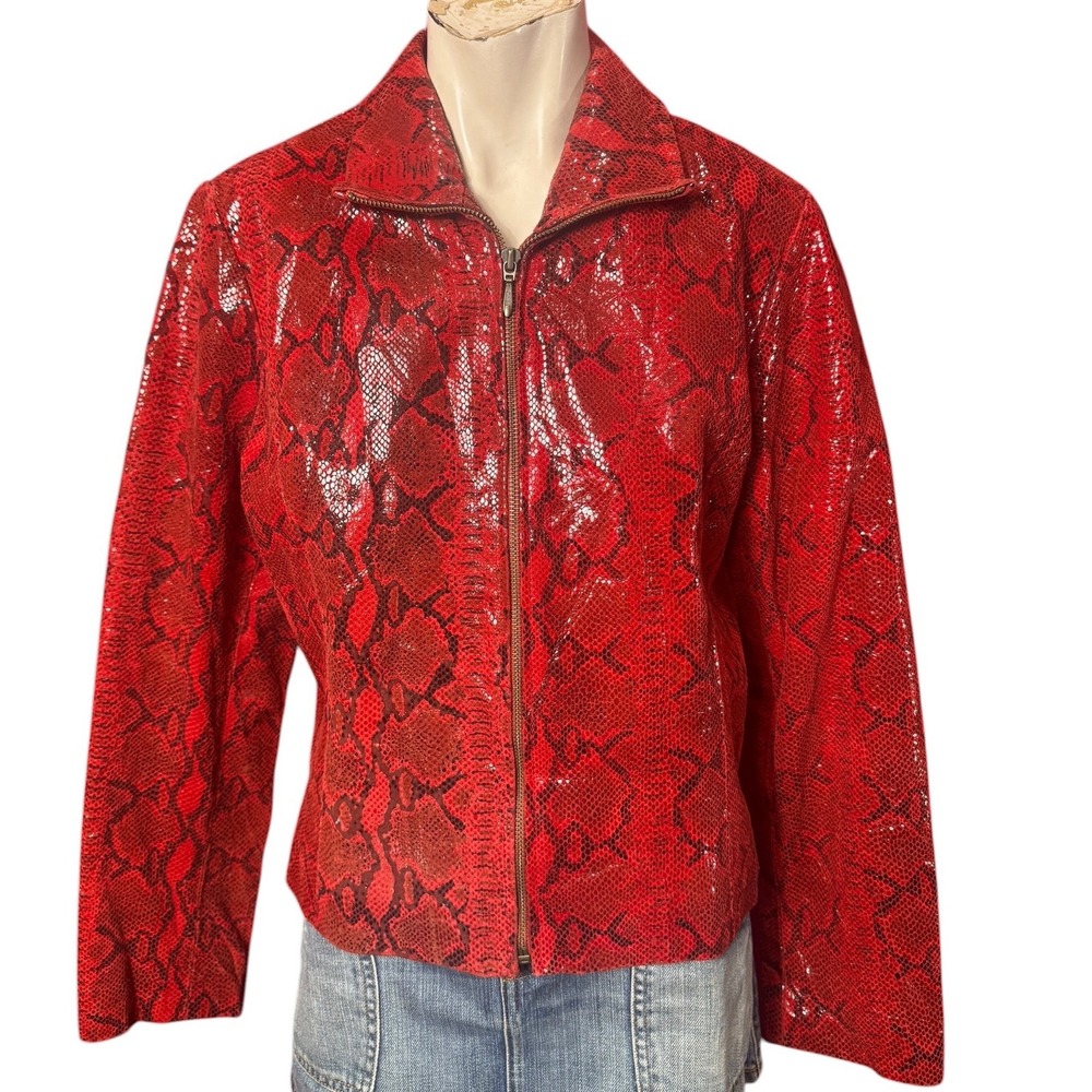 Revue Vintage 90s Snakeskin Print Genuine Suede Zip Jacket Red Small